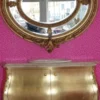 Casa Padrino Luxus Barock Waschtisch mit cremfarbiger Marmorplatte und rundem Spiegel Gold, 124x54x92 cm