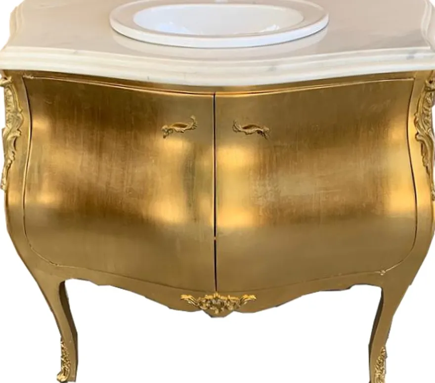 Casa Padrino Luxus Barock Waschtisch Kommode Gold mit Marmorplatte - Luxus Barock Badezimmermöbel