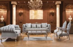 Casa Padrino Luxus Barock Wohnzimmer Set Türkis / Silber / Gold - 2 Sofas & 2 Sessel & 1 Couchtisch - Wohnzimmer Möbel im Barockstil - Edel & Prunkvoll