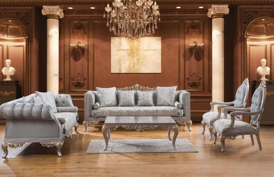Casa Padrino Luxus Barock Wohnzimmer Set Türkis / Silber / Gold - 2 Sofas & 2 Sessel & 1 Couchtisch - Wohnzimmer Möbel im Barockstil - Edel & Prunkvoll