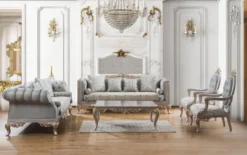 Casa Padrino Luxus Barock Wohnzimmer Set Türkis / Silber / Gold - 2 Sofas & 2 Sessel & 1 Couchtisch - Wohnzimmer Möbel im Barockstil - Edel & Prunkvoll