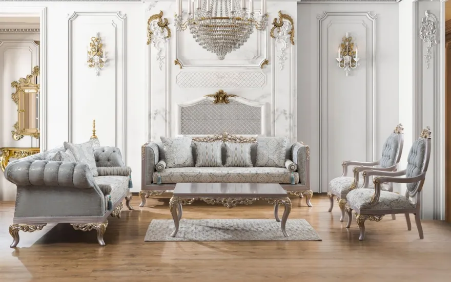 Casa Padrino Luxus Barock Wohnzimmer Set Türkis / Silber / Gold - 2 Sofas & 2 Sessel & 1 Couchtisch - Wohnzimmer Möbel im Barockstil - Edel & Prunkvoll