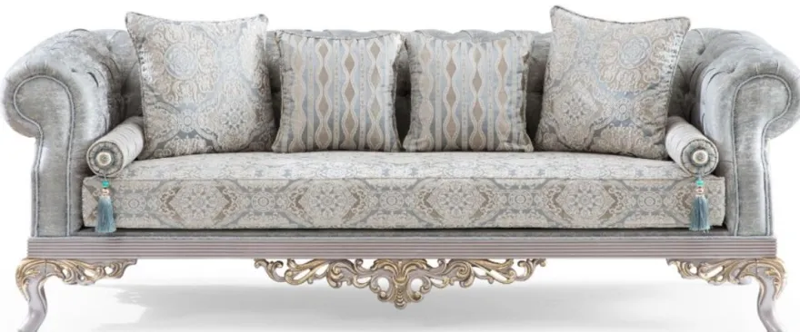 Casa Padrino Luxus Barock Wohnzimmer Set Türkis / Silber / Gold - 2 Sofas & 2 Sessel & 1 Couchtisch - Wohnzimmer Möbel im Barockstil - Edel & Prunkvoll