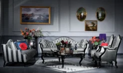 Casa Padrino Luxus Barock Wohnzimmer Set Silber / Schwarz - 2 Sofas & 2 Sessel & 1 Couchtisch & 2 Beistelltische - Wohnzimmer Möbel im Barockstil - Edel & Prunkvoll