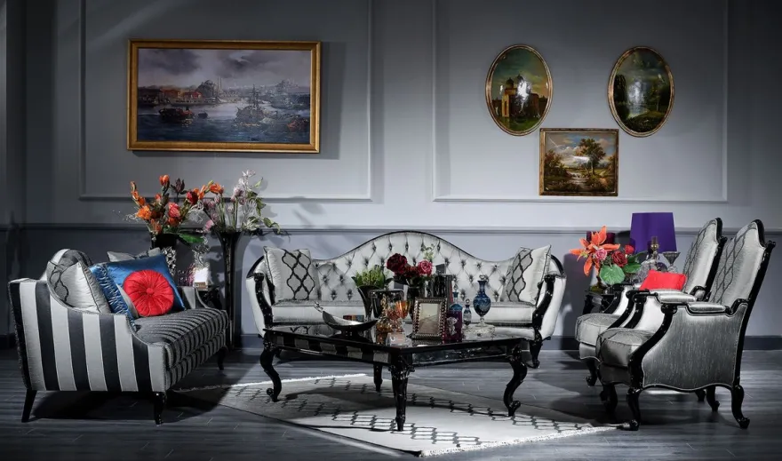 Casa Padrino Luxus Barock Wohnzimmer Set Silber / Schwarz - 2 Sofas & 2 Sessel & 1 Couchtisch & 2 Beistelltische - Wohnzimmer Möbel im Barockstil - Edel & Prunkvoll