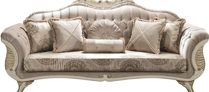 Casa Padrino Luxus Barock Wohnzimmer Sofa mit Glitzersteinen und dekorativen Kissen Grau / Creme / Gold 220 x 80 x H. 100 cm - Edle Barockstil Möbel