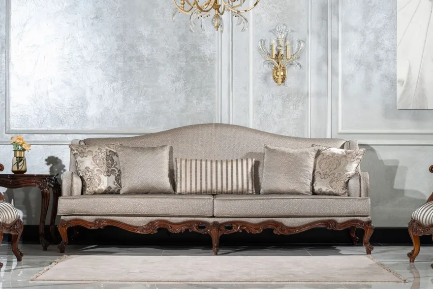 Casa Padrino Luxus Barock Wohnzimmer Sofa Silber / Braun - Handgefertigtes Barockstil Sofa mit dekorativen Kissen - Luxus Wohnzimmer Möbel im Barockstil - Barock Möbel - Edel & Prunkvoll