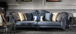 Casa Padrino Luxus Barock Wohnzimmer Sofa Blau / Silber / Schwarz 300 x 94 x H. 88 cm - Edel & Prunkvoll