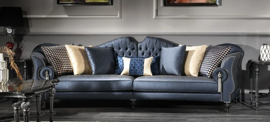 Casa Padrino Luxus Barock Wohnzimmer Sofa Blau / Silber / Schwarz 300 x 94 x H. 88 cm - Edel & Prunkvoll