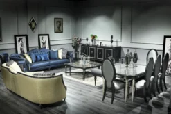 Casa Padrino Luxus Barock Wohnzimmer Sofa Blau / Silber / Schwarz 300 x 94 x H. 88 cm - Edel & Prunkvoll