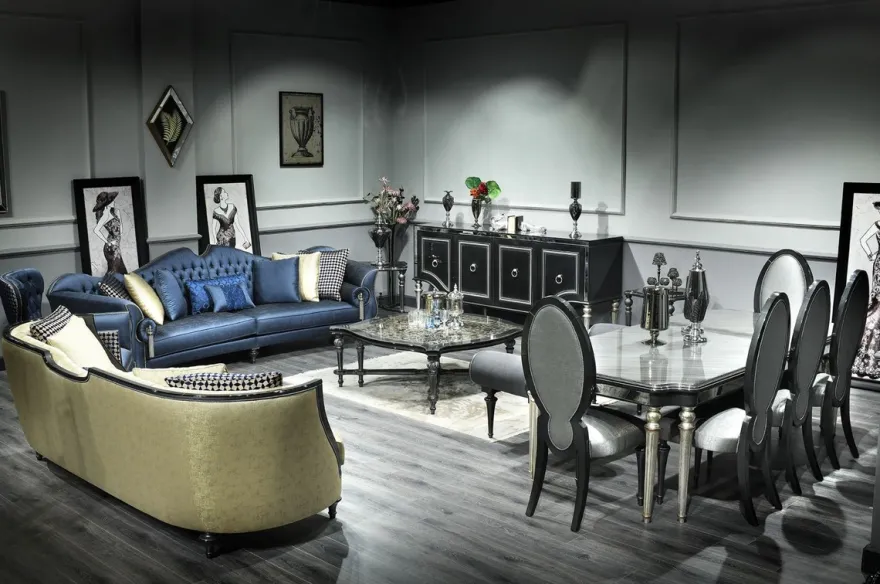 Casa Padrino Luxus Barock Wohnzimmer Sofa Blau / Silber / Schwarz 300 x 94 x H. 88 cm - Edel & Prunkvoll