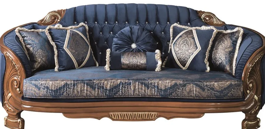 Casa Padrino Luxus Barock Wohnzimmer Set Blau / Braun - 2 Sofas & 2 Sessel & 1 Couchtisch - Prunkvolle Wohnzimmer Möbel im Barockstil