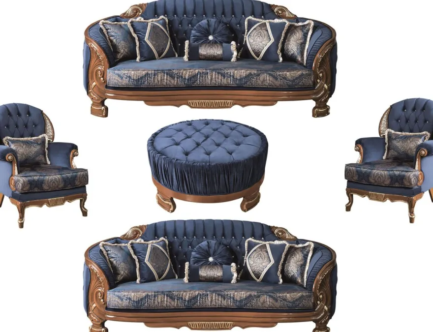 Casa Padrino Luxus Barock Wohnzimmer Set Blau / Braun - 2 Sofas & 2 Sessel & 1 Couchtisch - Prunkvolle Wohnzimmer Möbel im Barockstil