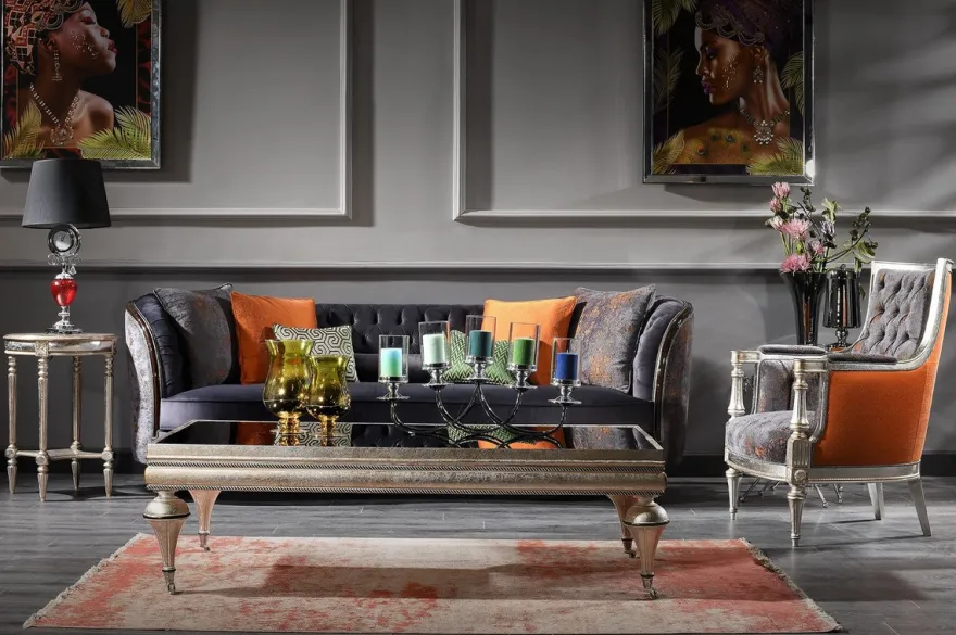 Casa Padrino Luxus Barock Wohnzimmer Set Lila / Grün / Silber - 2 Sofas & 2 Sessel & 1 Couchtisch - Handgefertigte Wohnzimmer Möbel im Barockstil - Edel & Prunkvoll