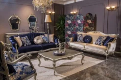 Casa Padrino Luxus Barock Wohnzimmer Sofa mit dekorativen Kissen Blau / Silber 212 x 80 x H. 98 cm - Prunkvolle Barock Möbel