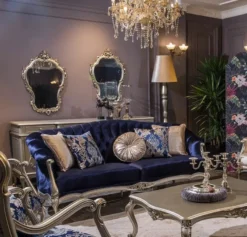 Casa Padrino Luxus Barock Wohnzimmer Sofa mit dekorativen Kissen Blau / Silber 212 x 80 x H. 98 cm - Prunkvolle Barock Möbel