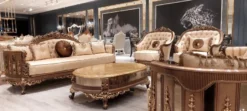 Casa Padrino Luxus Barock Wohnzimmer Set Gold / Braun / Gold - 2 Barock Sofas & 2 Barock Sessel & 1 Barock Couchtisch - Luxus Wohnzimmer Möbel im Barockstil - Barock Möbel - Edel & Prunkvoll