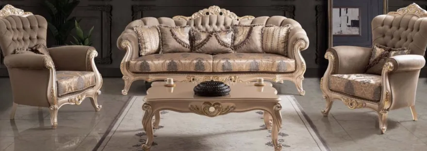 Casa Padrino Luxus Barock Wohnzimmer Set Taupe / Bronze / Gold - 2 Sofas & 2 Sessel & 1 Couchtisch - Wohnzimmer Möbel im Barockstil - Edel & Prunkvoll