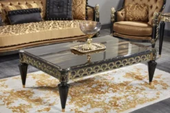Casa Padrino Luxus Barock Wohnzimmer Set Gold / Schwarz - 1 Sofa & 2 Sessel & 1 Couchtisch & 1 Beistelltisch - Prunkvolle Barock Möbel - Luxus Qualität