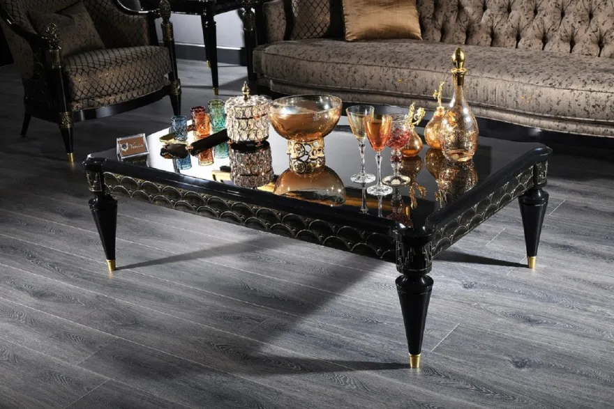 Casa Padrino Luxus Barock Wohnzimmer Set Silbergrau / Schwarz / Gold - 2 Sofas & 2 Sessel & 1 Couchtisch & 2 Beistelltische - Prunkvolle Barock Möbel - Luxus Qualität