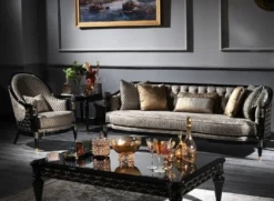 Casa Padrino Luxus Barock Wohnzimmer Set Silbergrau / Schwarz / Gold - 2 Sofas & 2 Sessel & 1 Couchtisch & 2 Beistelltische - Prunkvolle Barock Möbel - Luxus Qualität