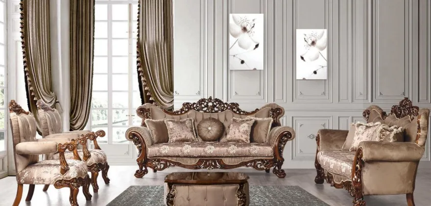 Casa Padrino Luxus Barock Wohnzimmer Set Grau / Braun / Gold - 2 Barock Sofas mit Muster & 2 Barock Sessel mit Muster & 1 Barock Couchtisch - Barock Wohnzimmer Möbel