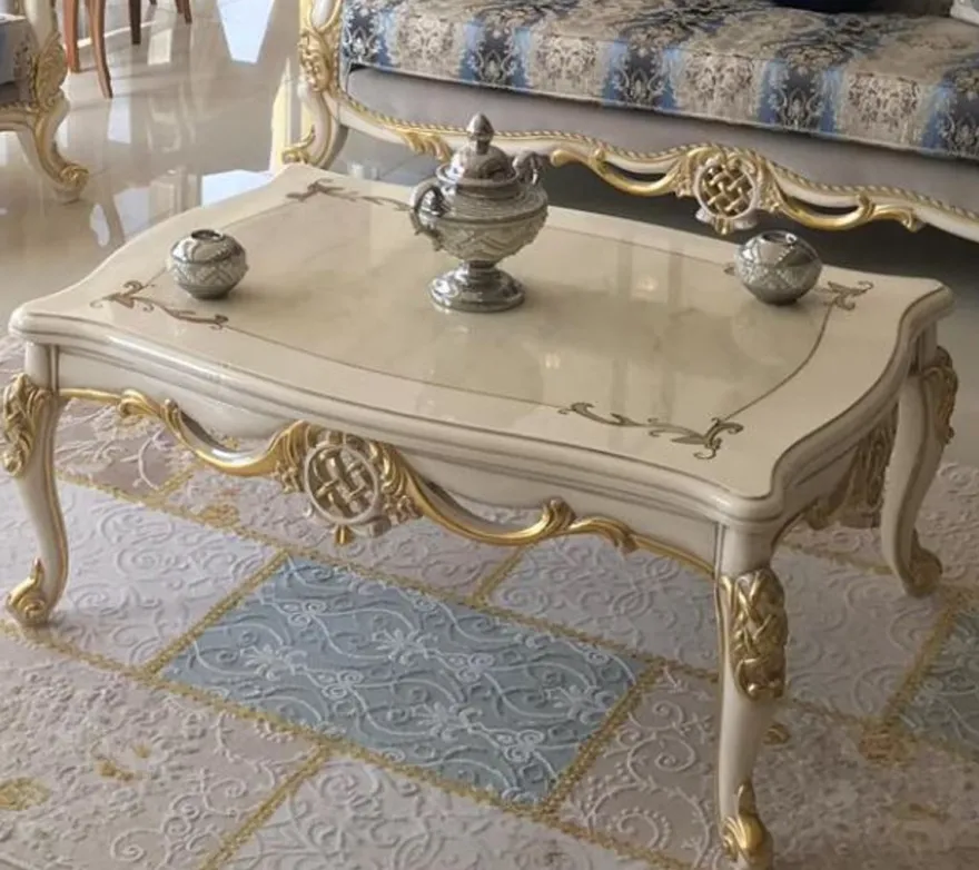 Casa Padrino Luxus Barock Wohnzimmer Set Grau / Blau / Weiß / Gold - 2 Sofas & 2 Sessel & 1 Couchtisch - Wohnzimmer Möbel im Barockstil - Edel & Prunkvoll
