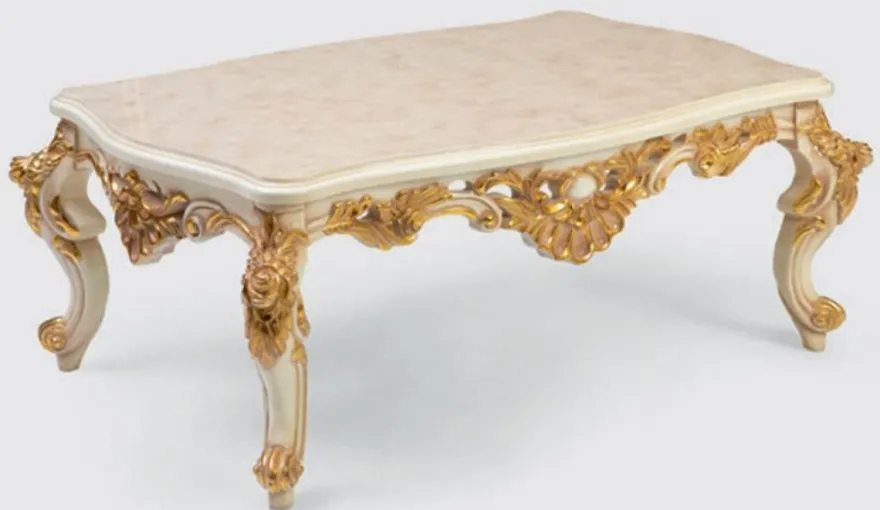 Casa Padrino Luxus Barock Wohnzimmertisch Creme / Weiß / Gold 140 x 90 x H. 55 cm - Edler Massivholz Couchtisch im Barockstil - Barock Wohnzimmer Möbel