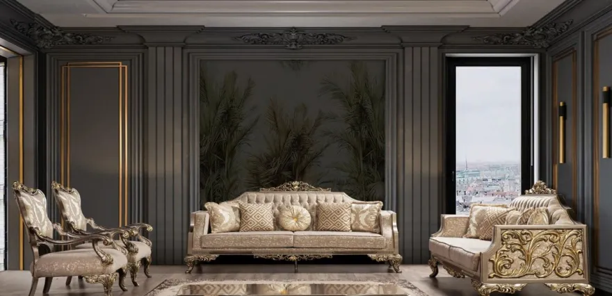 Casa Padrino Luxus Barock Wohnzimmer Set Grau / Beige / Silber / Gold - 2 Barock Sofas mit Muster & 2 Barock Sessel mit Muster & 1 Barock Couchtisch - Barock Wohnzimmer Möbel