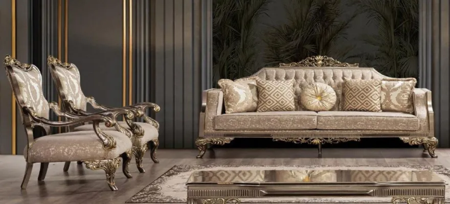Casa Padrino Luxus Barock Wohnzimmer Set Grau / Beige / Silber / Gold - 2 Barock Sofas mit Muster & 2 Barock Sessel mit Muster & 1 Barock Couchtisch - Barock Wohnzimmer Möbel