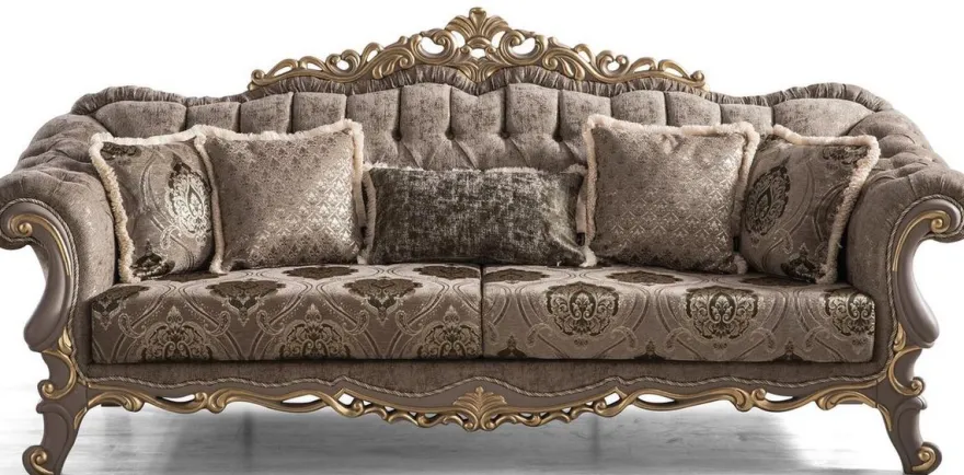 Casa Padrino Luxus Barock Wohnzimmer Set Braun / Grau / Gold - 2 Sofas & 2 Sessel & 1 Couchtisch - Prunkvolle Barock Wohnzimmer Möbel