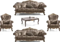 Casa Padrino Luxus Barock Wohnzimmer Set Braun / Grau / Gold - 2 Sofas & 2 Sessel & 1 Couchtisch - Prunkvolle Barock Wohnzimmer Möbel