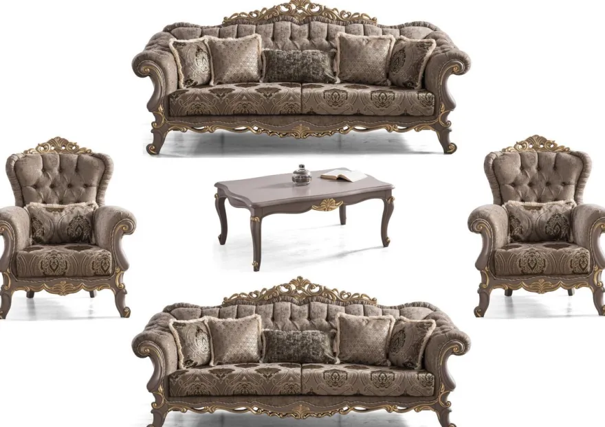 Casa Padrino Luxus Barock Wohnzimmer Set Braun / Grau / Gold - 2 Sofas & 2 Sessel & 1 Couchtisch - Prunkvolle Barock Wohnzimmer Möbel