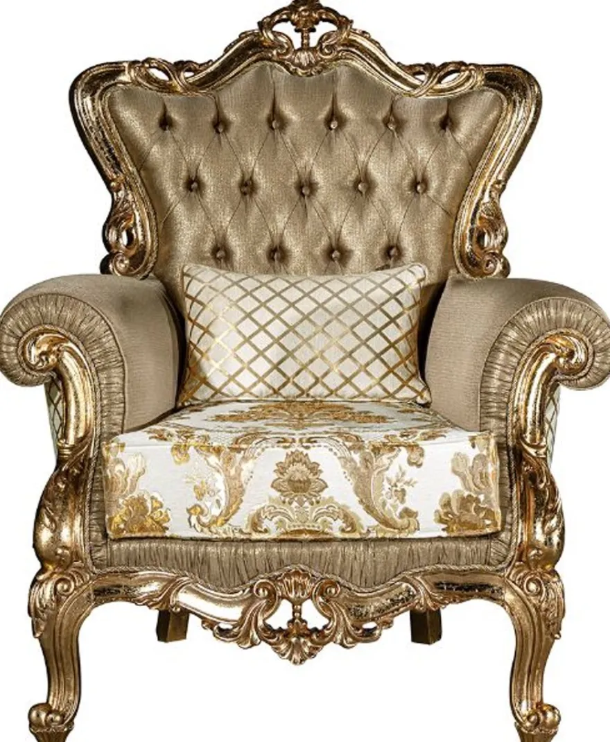 Casa Padrino Luxus Barock Wohnzimmer Sessel mit dekorativem Kissen Gold / Weiß 98 x 90 x H. 117 cm - Prunkvolle Barock Möbel