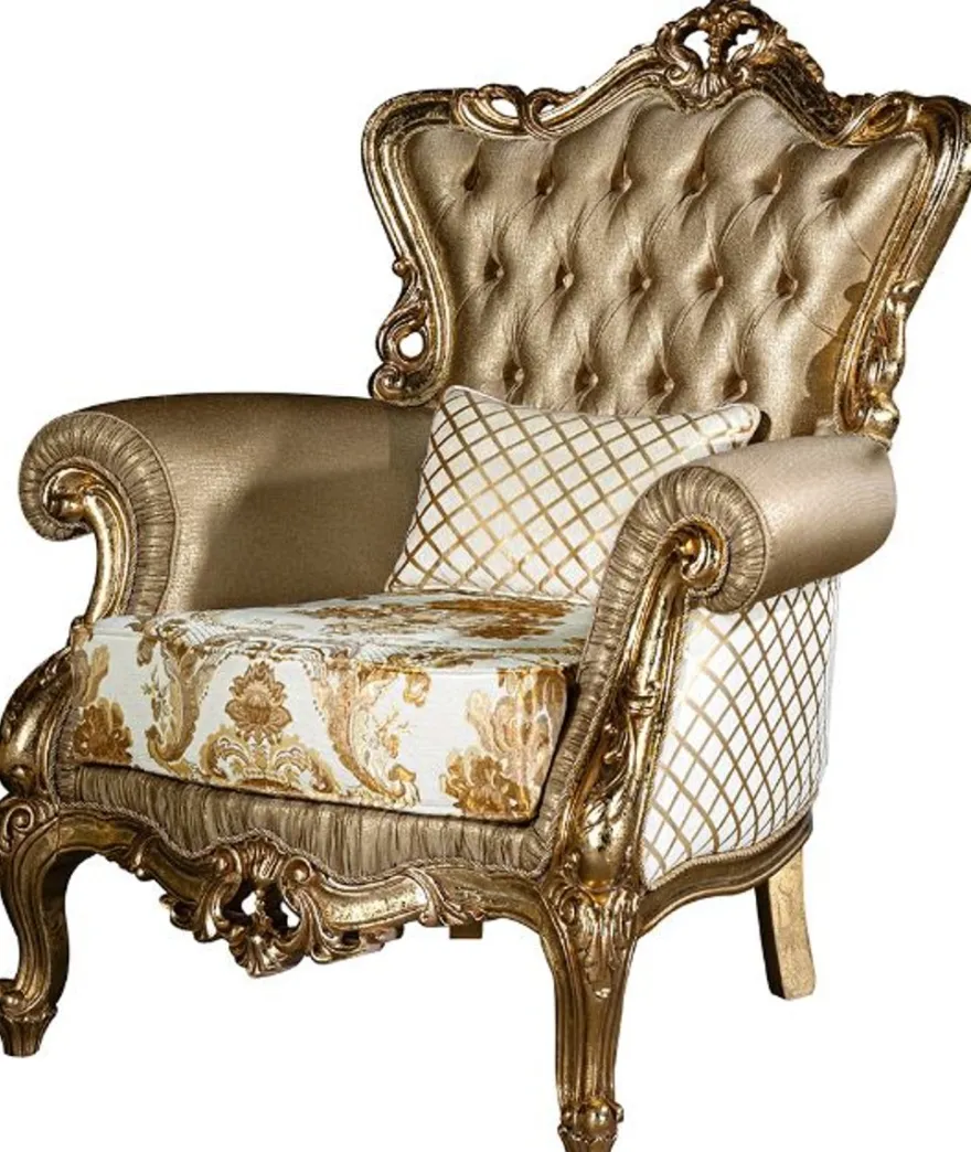 Casa Padrino Luxus Barock Wohnzimmer Sessel mit dekorativem Kissen Gold / Weiß 98 x 90 x H. 117 cm - Prunkvolle Barock Möbel
