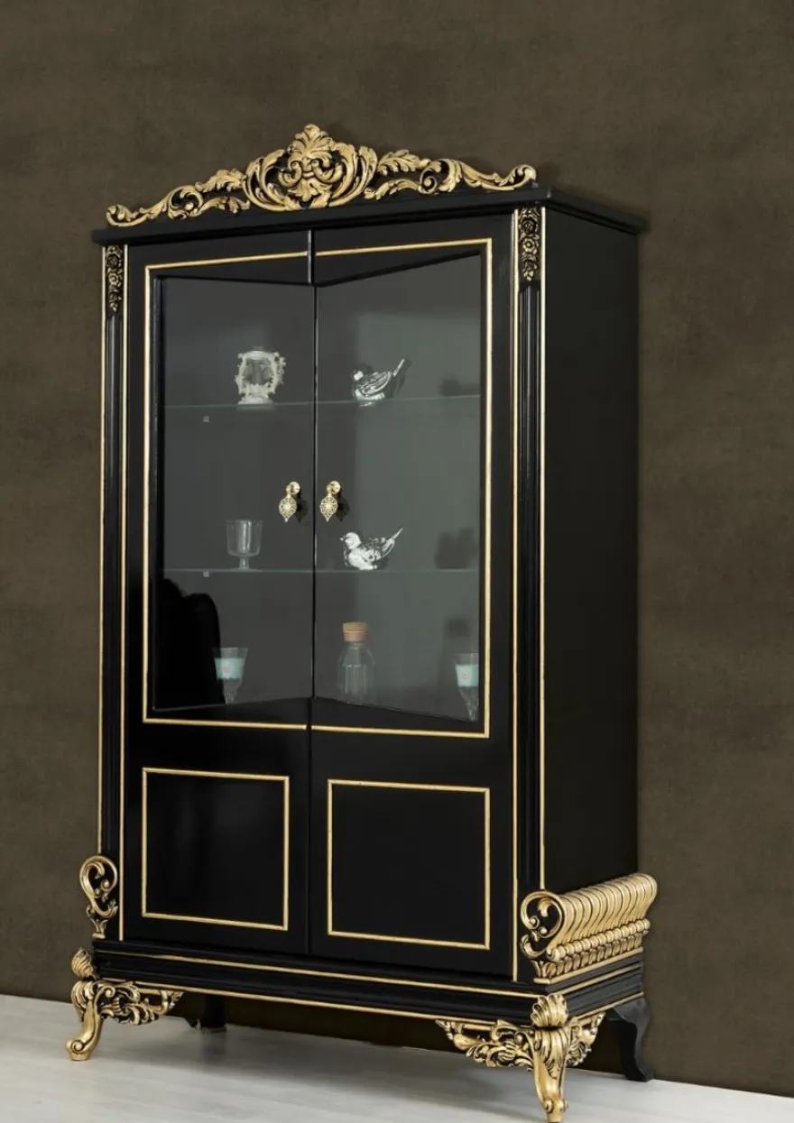 Casa Padrino Luxus Barock Wohnzimmer Vitrine Schwarz / Gold 130 x 55 x H. 210 cm - Prunkvoller Barock Vitrinenschrank mit 2 Glastüren - Edle Barock Möbel