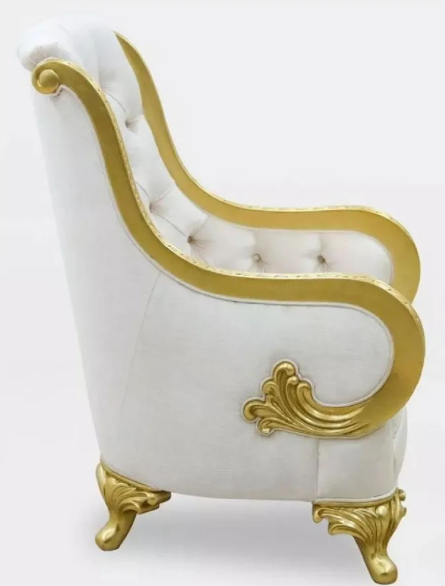 Casa Padrino Luxus Barock Wohnzimmer Sessel Hellgrau / Gold - Handgefertigter Barockstil Sessel - Luxus Wohnzimmer Möbel im Barockstil - Barock Möbel - Edel & Prunkvoll