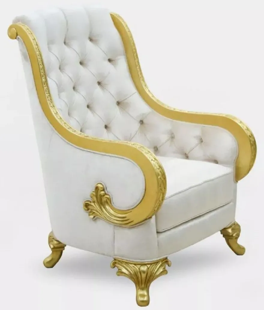 Casa Padrino Luxus Barock Wohnzimmer Sessel Hellgrau / Gold - Handgefertigter Barockstil Sessel - Luxus Wohnzimmer Möbel im Barockstil - Barock Möbel - Edel & Prunkvoll
