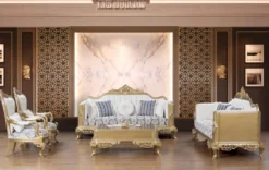 Casa Padrino Luxus Barock Wohnzimmer Set Blau / Weiß / Gold - 2 Sofas & 2 Sessel & 1 Couchtisch - Prunkvolle Barock Möbel - Wohnzimmer Möbel