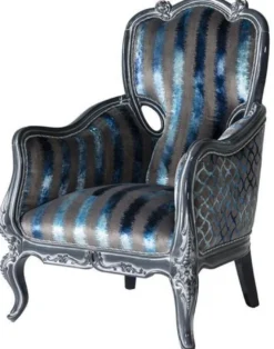 Casa Padrino Luxus Barock Wohnzimmer Sessel Grau / Blau / Grau 80 x 80 x H. 116 cm - Edler Massivholz Sessel mit Streifen - Barockstil Wohnzimmer Möbel