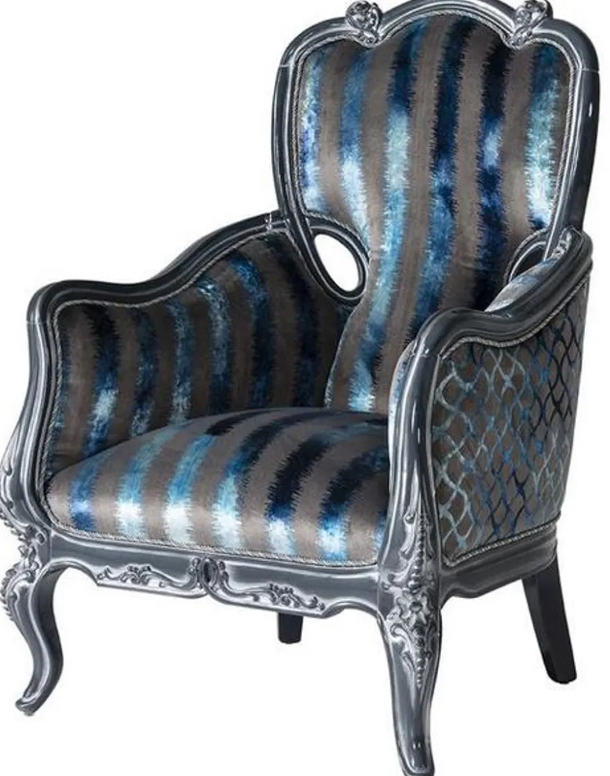Casa Padrino Luxus Barock Wohnzimmer Sessel Grau / Blau / Grau 80 x 80 x H. 116 cm - Edler Massivholz Sessel mit Streifen - Barockstil Wohnzimmer Möbel