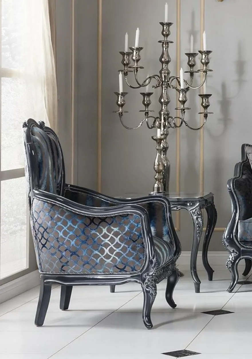 Casa Padrino Luxus Barock Wohnzimmer Sessel Grau / Blau / Grau 80 x 80 x H. 116 cm - Edler Massivholz Sessel mit Streifen - Barockstil Wohnzimmer Möbel