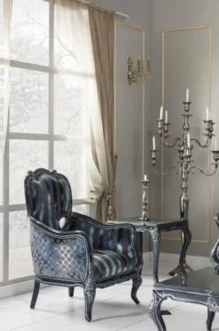 Casa Padrino Luxus Barock Wohnzimmer Sessel Grau / Blau / Grau 80 x 80 x H. 116 cm - Edler Massivholz Sessel mit Streifen - Barockstil Wohnzimmer Möbel