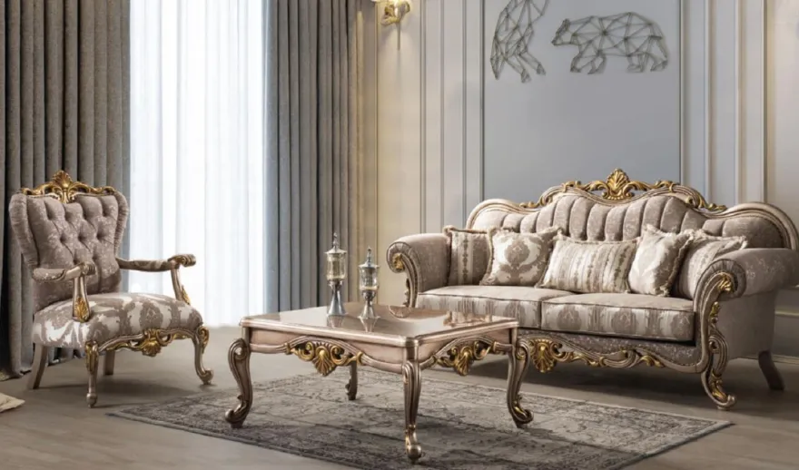 Casa Padrino Luxus Barock Wohnzimmer Set Grau / Silbergrau / Gold - 2 Sofas & 2 Sessel & 1 Couchtisch - Handgefertigte Wohnzimmer Möbel im Barockstil - Edel & Prunkvoll