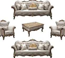 Casa Padrino Luxus Barock Wohnzimmer Set Silbergrau / Braun / Gold - 2 Sofas & 2 Sessel & 1 Couchtisch - Wohnzimmer Möbel - Edel & Prunkvoll