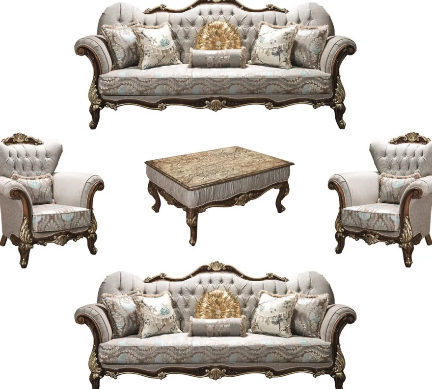 Casa Padrino Luxus Barock Wohnzimmer Set Silbergrau / Braun / Gold - 2 Sofas & 2 Sessel & 1 Couchtisch - Wohnzimmer Möbel - Edel & Prunkvoll