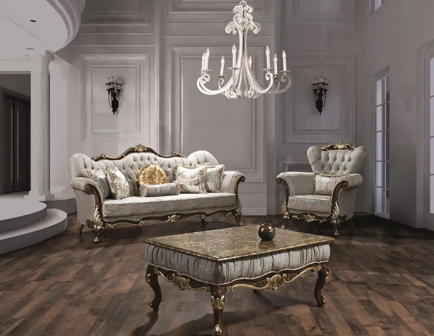 Casa Padrino Luxus Barock Wohnzimmer Set Silbergrau / Braun / Gold - 2 Sofas & 2 Sessel & 1 Couchtisch - Wohnzimmer Möbel - Edel & Prunkvoll