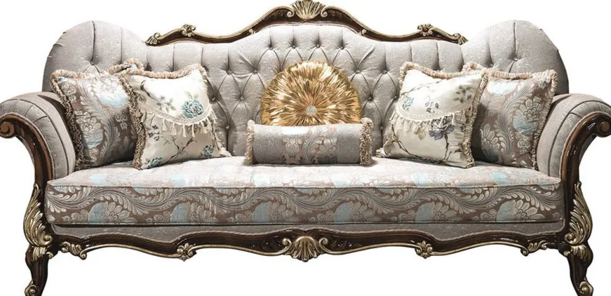 Casa Padrino Luxus Barock Wohnzimmer Set Silbergrau / Braun / Gold - 2 Sofas & 2 Sessel & 1 Couchtisch - Wohnzimmer Möbel - Edel & Prunkvoll