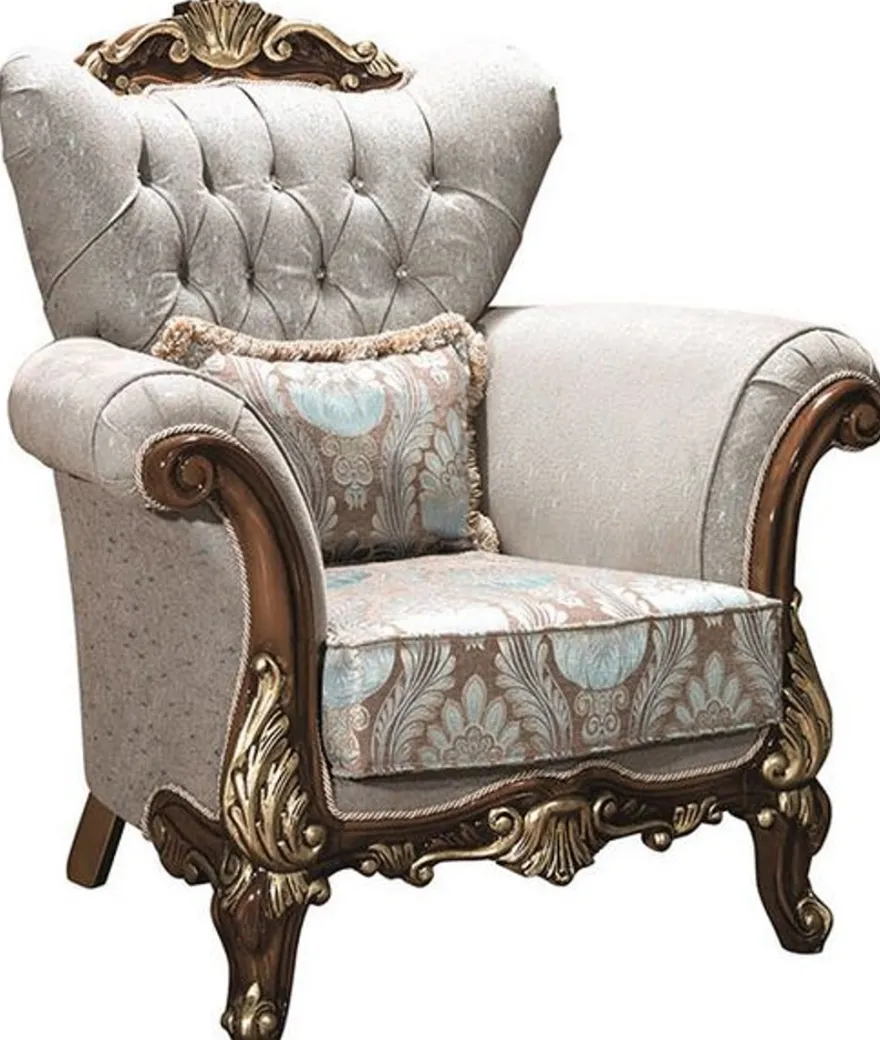 Casa Padrino Luxus Barock Wohnzimmer Set Silbergrau / Braun / Gold - 2 Sofas & 2 Sessel & 1 Couchtisch - Wohnzimmer Möbel - Edel & Prunkvoll