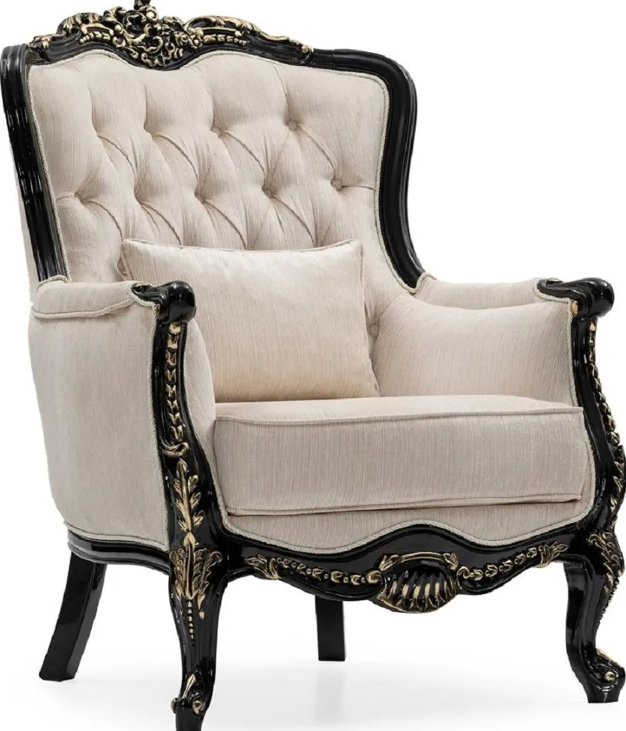 Casa Padrino Luxus Barock Wohnzimmer Sessel Creme / Schwarz / Gold - Handgefertigter Barockstil Sessel mit dekorativem Kissen - Luxus Wohnzimmer Möbel im Barockstil - Barock Möbel